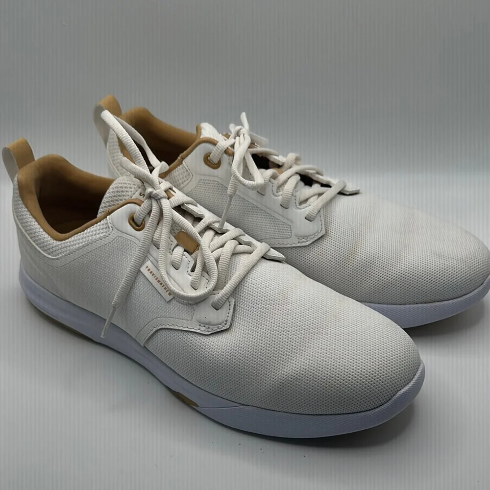 Travis Mathew Sz 11 The Daily Pro White and Tan Sneakers Minimalist‎ Design